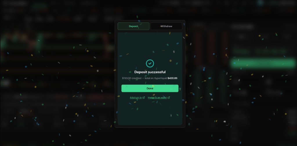 HyperGain.io Hyperliquid deposit successful — no HyperGain extra deposit fee