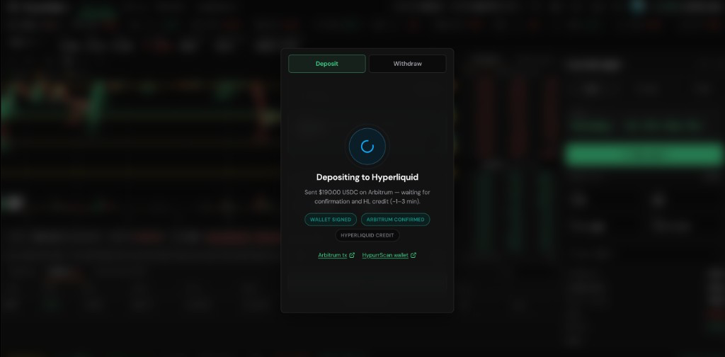 HyperGain.io depositing USDC to Hyperliquid — Arbitrum bridge in progress