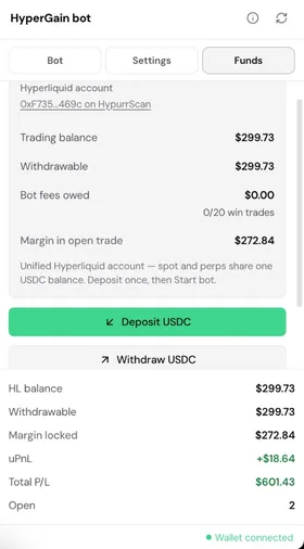 HyperGain bot Funds tab showing Hyperliquid USDC trading balance and Deposit / Withdraw