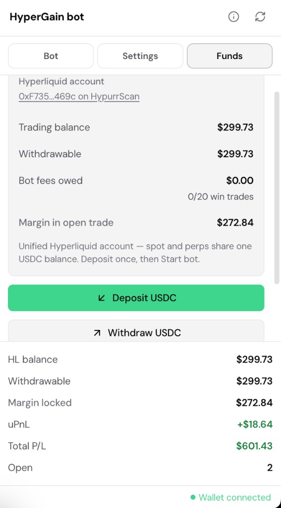 HyperGain.io agent Funds tab showing Hyperliquid USDC trading balance and Deposit / Withdraw