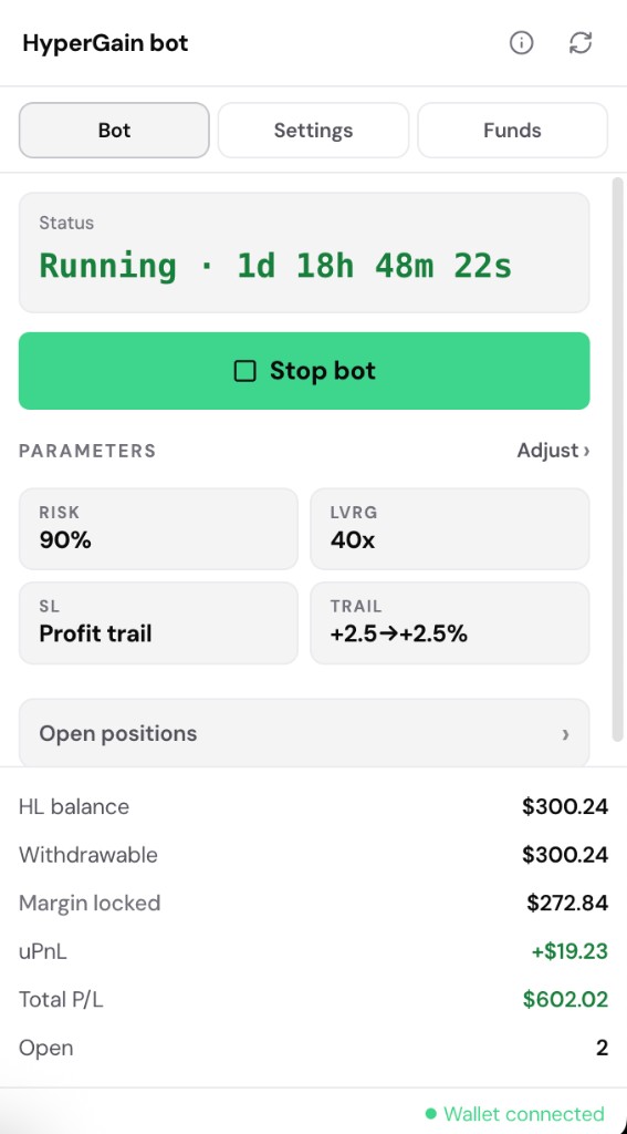 HyperGain.io Hyperliquid AI trading agent settings — risk leverage profit trail
