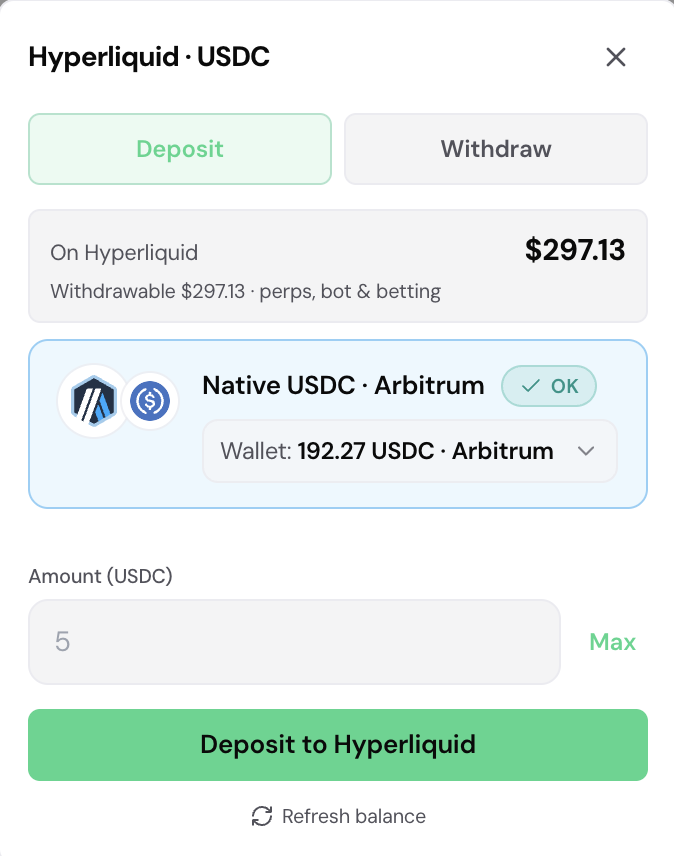 HyperGain.io Hyperliquid USDC deposit from Arbitrum — no exchange API
